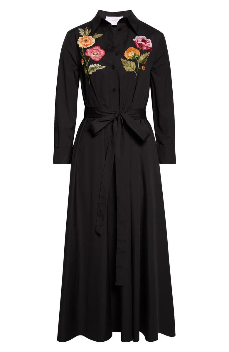 Carolina Herrera Poppy Embroidered Belted Stretch Poplin Shirtdress, Alternate, color, Black Multi