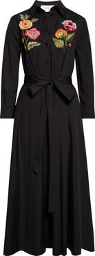Carolina Herrera Poppy Embroidered Belted Stretch Poplin Shirtdress