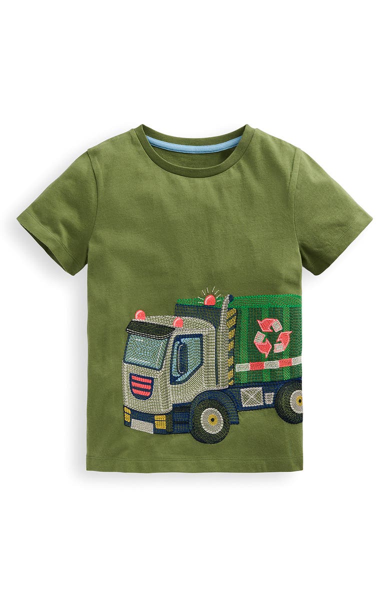 Mini Boden Kids' Embroidered Recycling Truck Cotton T-Shirt, Main, color, Safari Green Recycling Truck