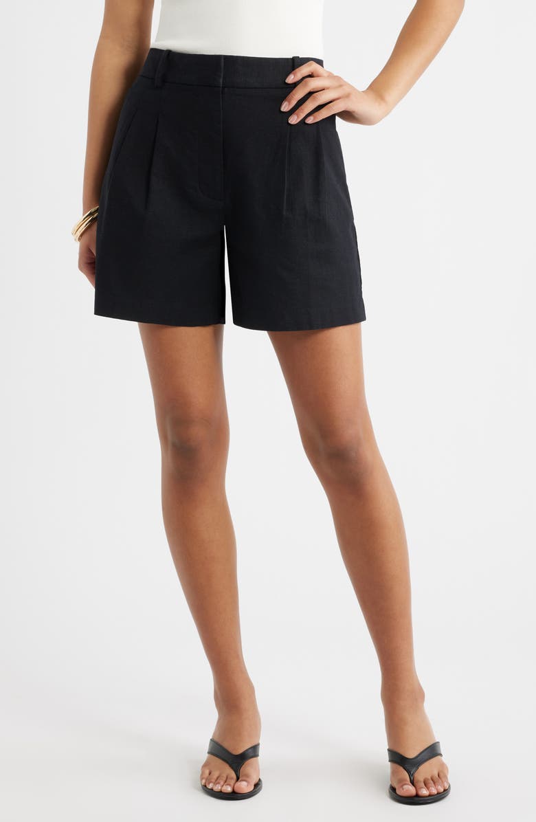 Open Edit Everyday Pleated Linen Blend Shorts, Main, color, Black
