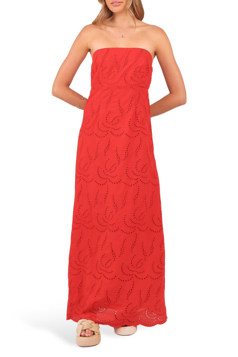 Annika Eyelet Strapless Cotton Maxi Dress, Main, color, RED