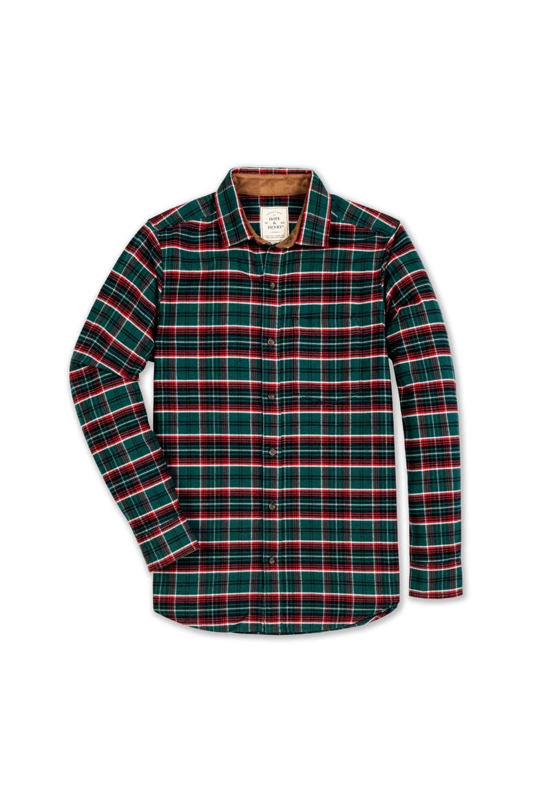 Men's Organic Flannel Shirt with Suede Detail, Alternate, color, Festive Green Plaid