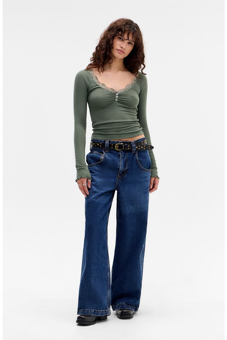 Diana Lace Trim Crop Rib Knit Henley, Alternate, color, KHAKI