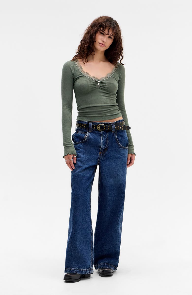 BDG Urban Outfitters Diana Lace Trim Crop Rib Knit Henley, Alternate, color, Khaki