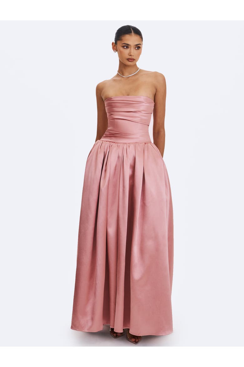 Willette Satin Strapless Gathered Maxi Dress, Alternate, color, Coral