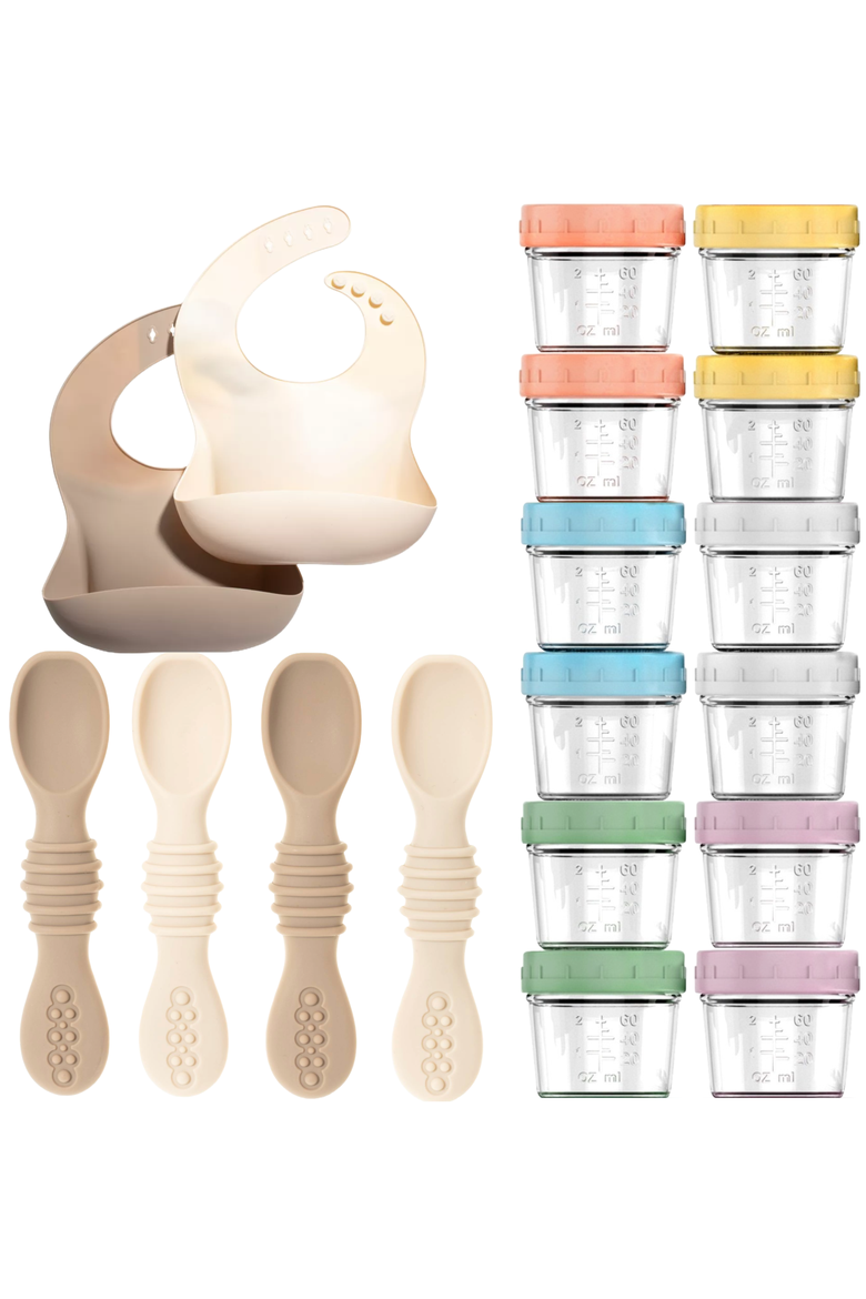 Glass Baby Food Storage Jars, Silicone Baby Spoons and Bibs Set, Main, color, Tan