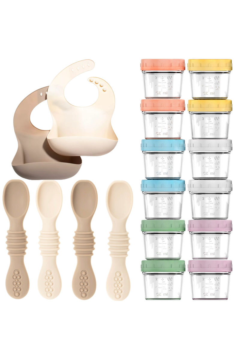 Sperric Glass Baby Food Storage Jars, Silicone Baby Spoons and Bibs Set, Main, color, Tan