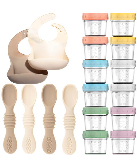 Glass Baby Food Storage Jars, Silicone Baby Spoons and Bibs Set