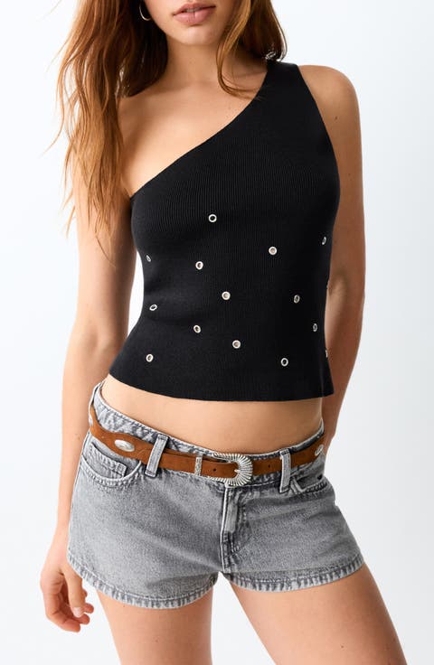 Grommet One-Shoulder Rib Tank