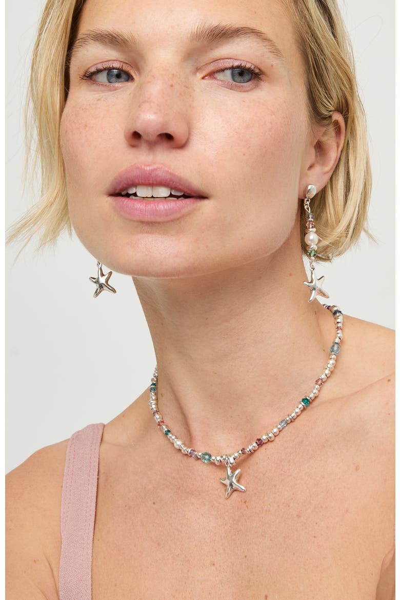 Multicolor Faceted Bead Necklace with Star Charm, Alternate, color, Silver