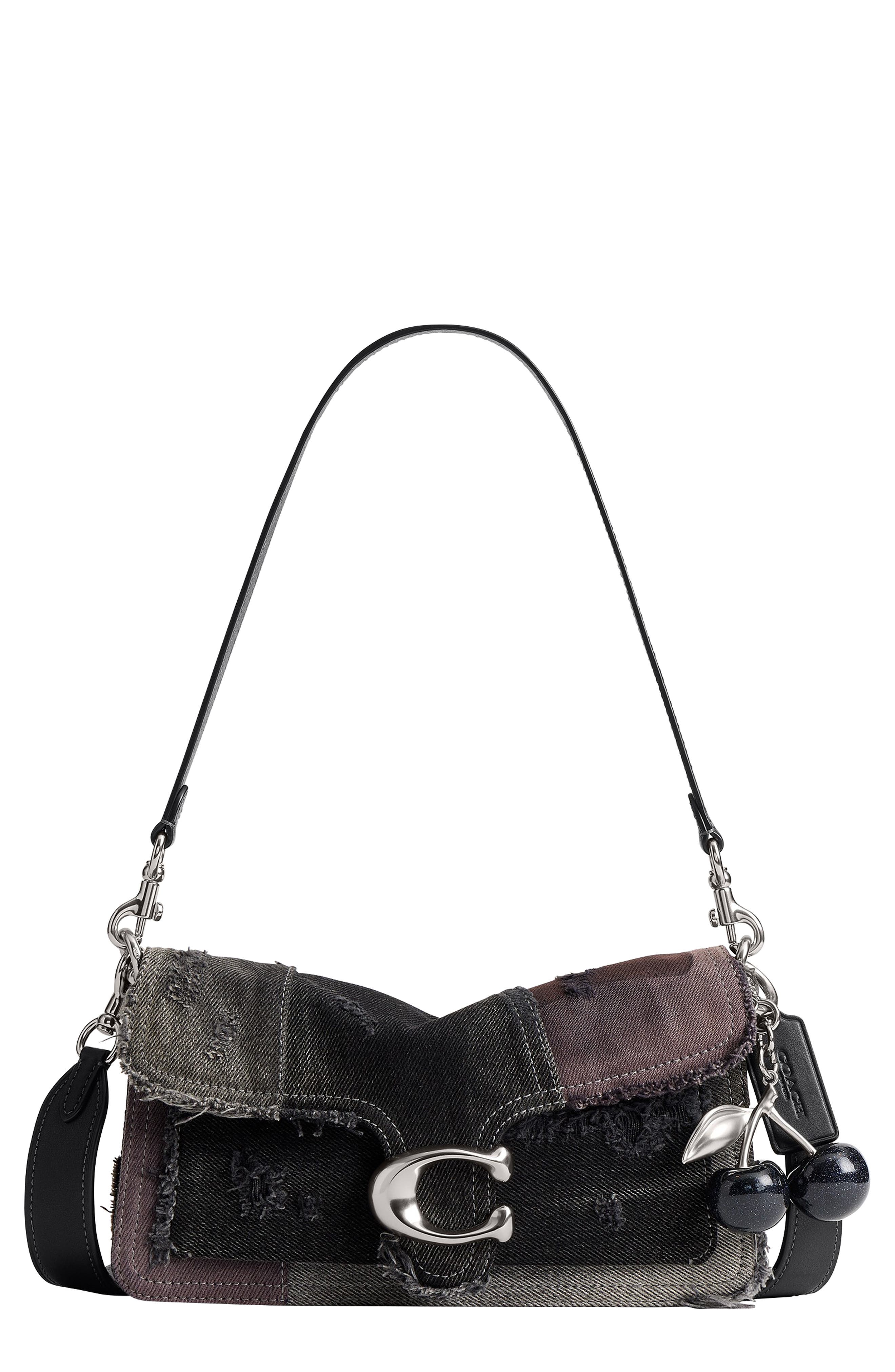 Tabby 26 Denim Patchwork Shoulder Bag with Cherry Charm, Main, color, LH/ BLACK