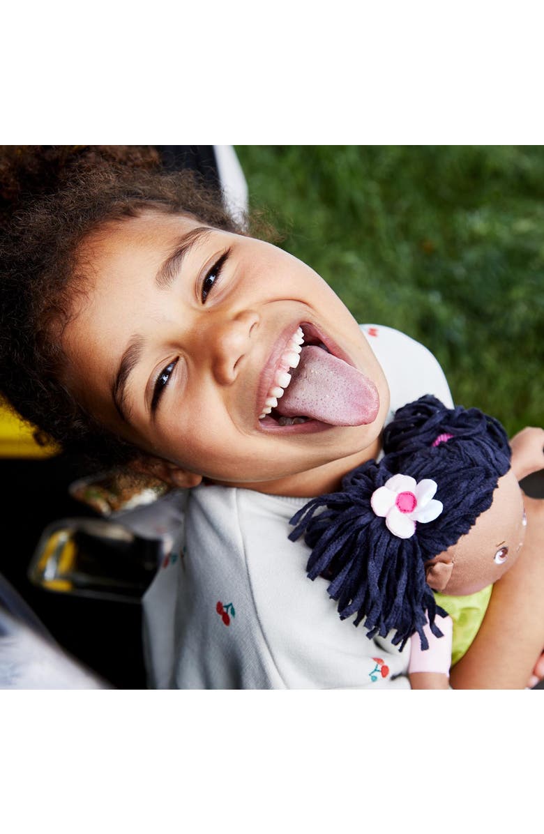 HABA Cari 12" Black Baby Doll with Black Pigtails, Embroidered Face, Removable Green Dress, Machine Washable Soft Baby Doll - 18 Months+, Alternate, color, Green Multi