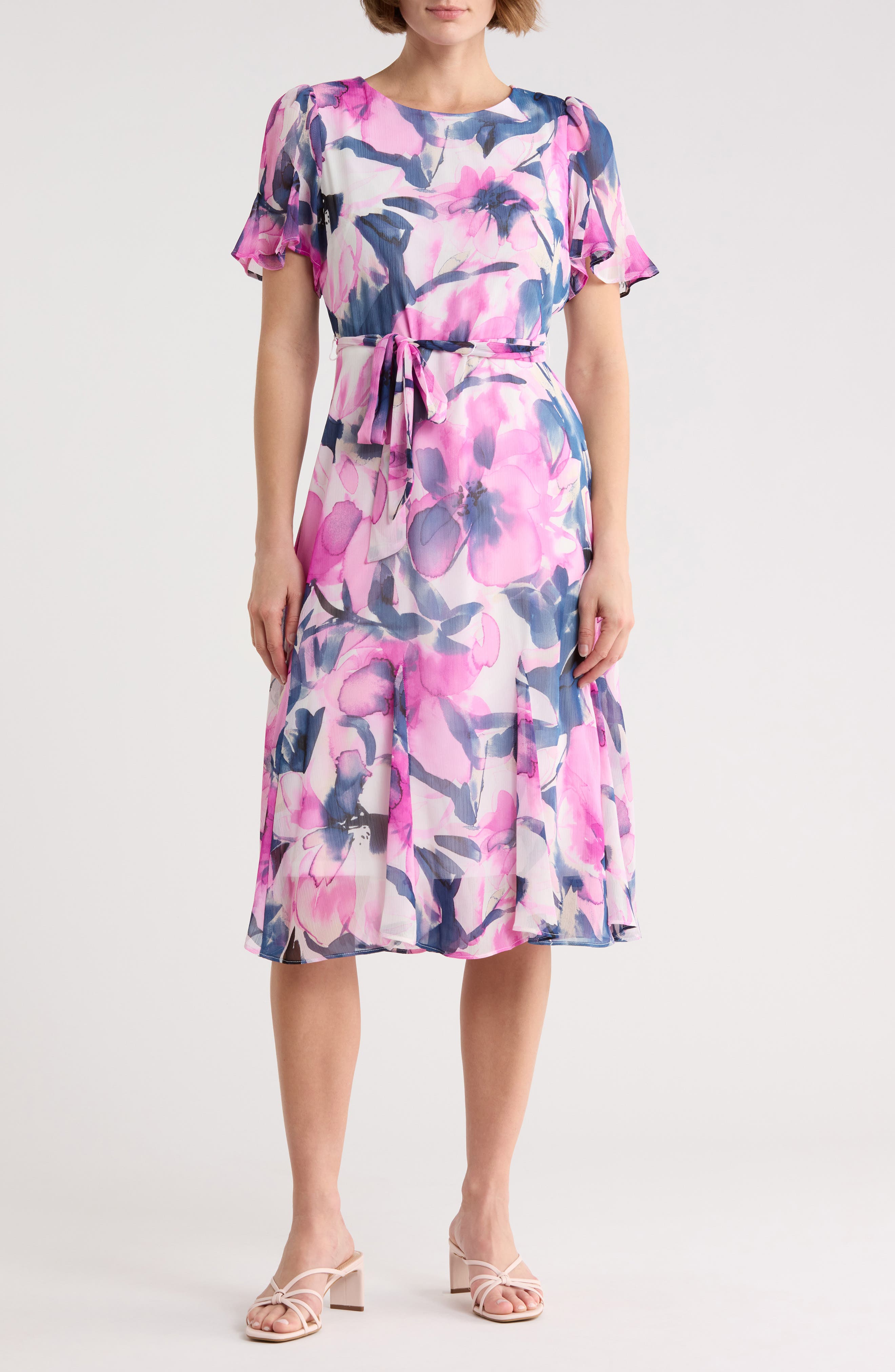 DKNY Floral Short Sleeve Godet Chiffon Midi Dress