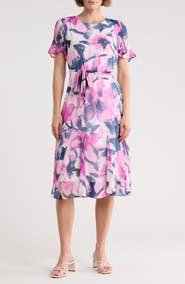 DKNY Floral Short Sleeve Godet Chiffon Midi Dress
