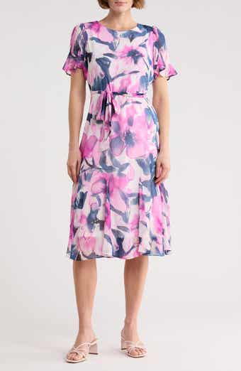 DKNY Floral Short Sleeve Godet Chiffon Midi Dress