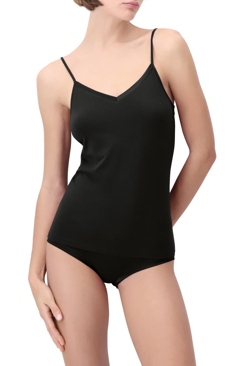 Perfect Line Satin Trim Cotton & Modal Blend Camisole, Main, color, BLACK