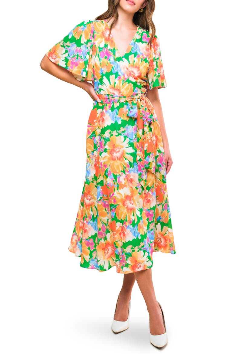 Floral Flutter Sleeve Wrap Midi Dress, Main, color, GREEN