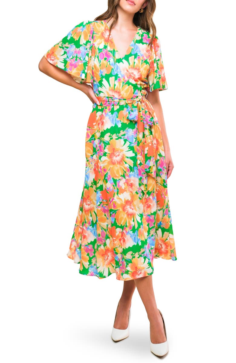 FLYING TOMATO Floral Flutter Sleeve Wrap Midi Dress, Main, color, Green