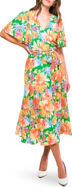 FLYING TOMATO Floral Flutter Sleeve Wrap Midi Dress