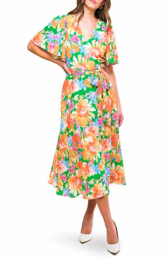 FLYING TOMATO Floral Flutter Sleeve Wrap Midi Dress