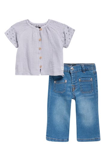 7 For All Mankind Gauze Button-up Shirt & Jeans Set In Gray