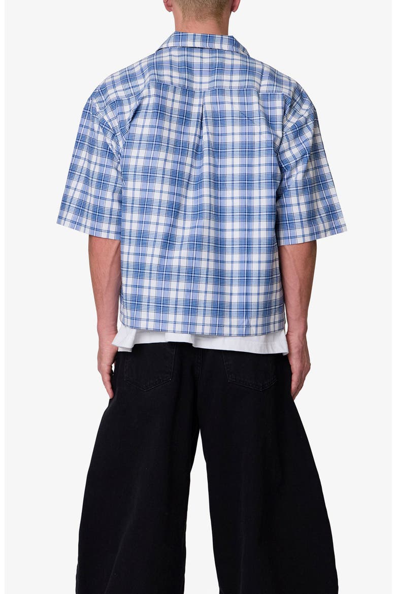 Plaid Crop Short Sleeve Cotton Flannel Button-Up Shirt, Alternate, color, BLUE