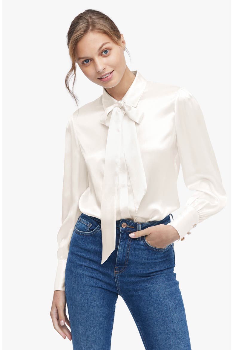 Vintage Bow Tie Silk Blouse, Alternate, color, Ivory