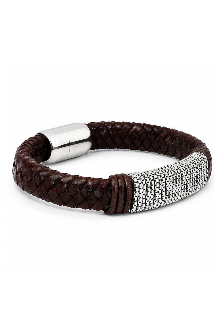 Men's Braided Leather & Mesh Bracelet, Main, color, BROWN