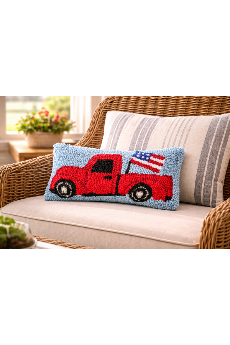 Patriotic Retro Red Pickup Truck w/ Waving American Flag Hooked Mini Accent Pillow, 6" x 12", Alternate, color, Red