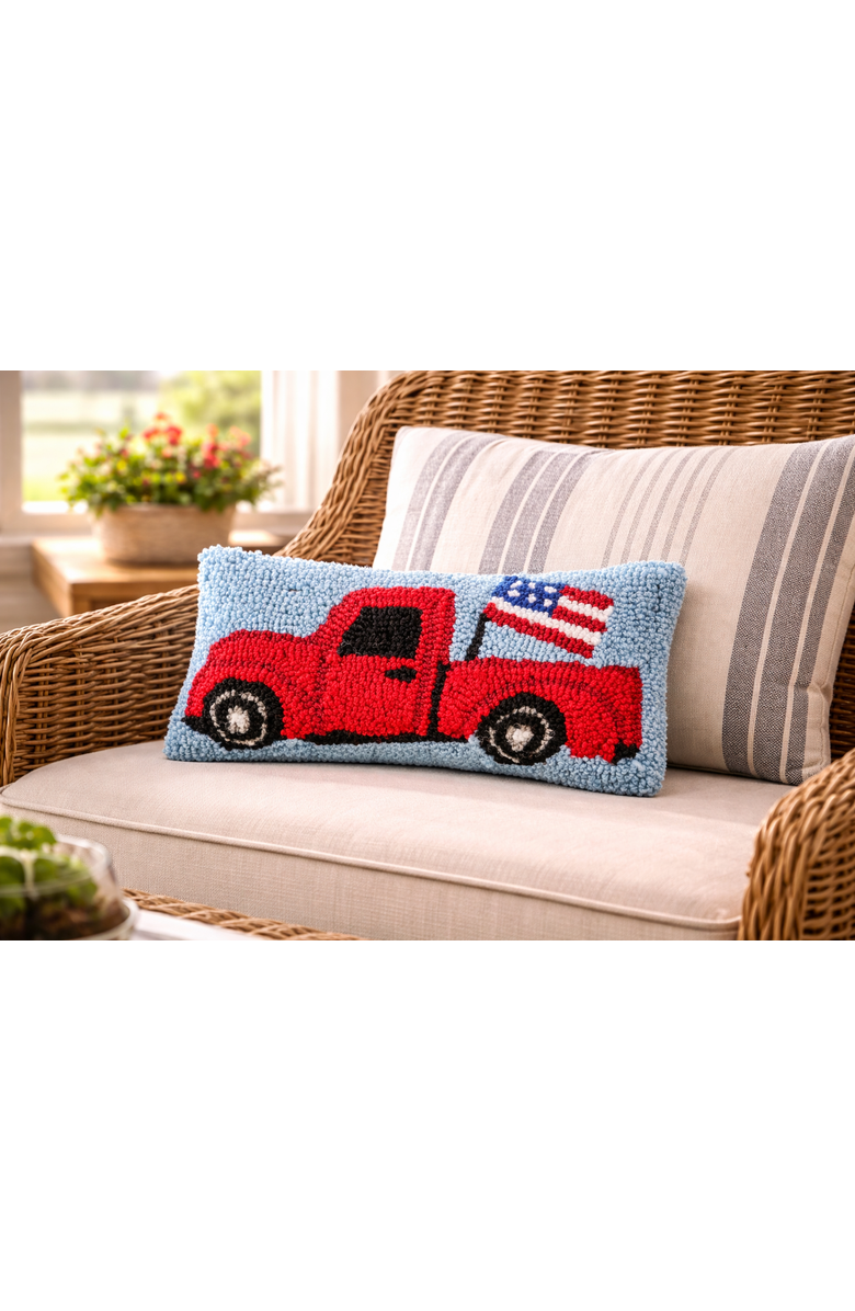 C&F Home Patriotic Retro Red Pickup Truck w/ Waving American Flag Hooked Mini Accent Pillow, 6" x 12", Alternate, color, Red