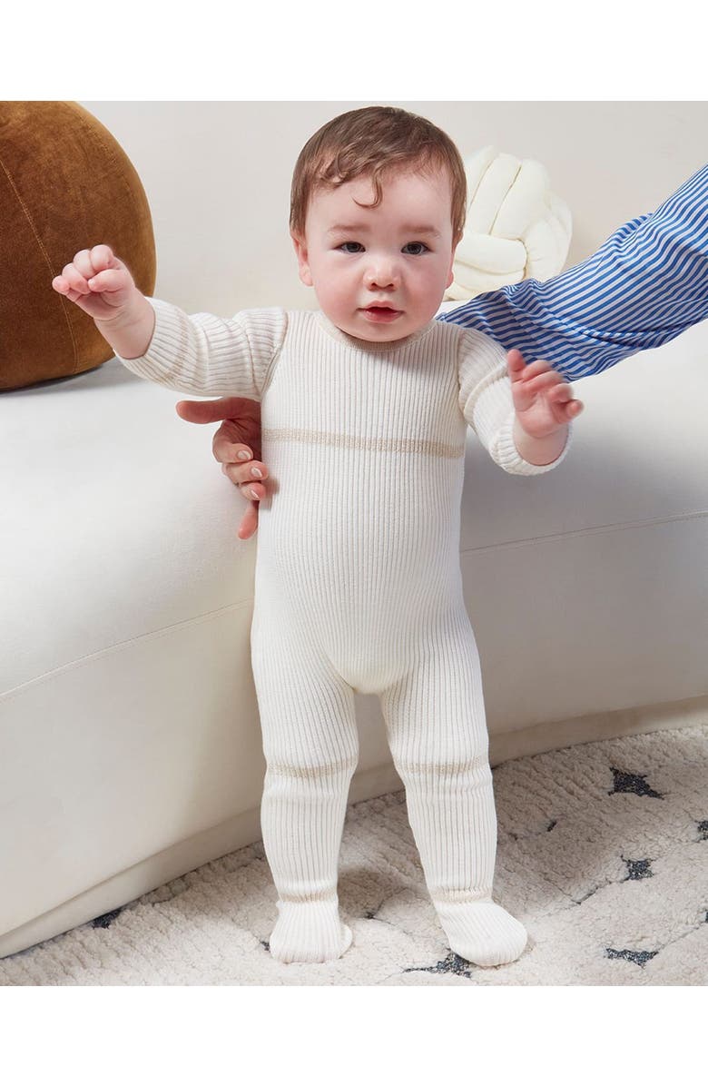 MiniMoi Baby Gold Lurex Trimmed Ribbed Cotton Footie, Alternate, color, Winter White