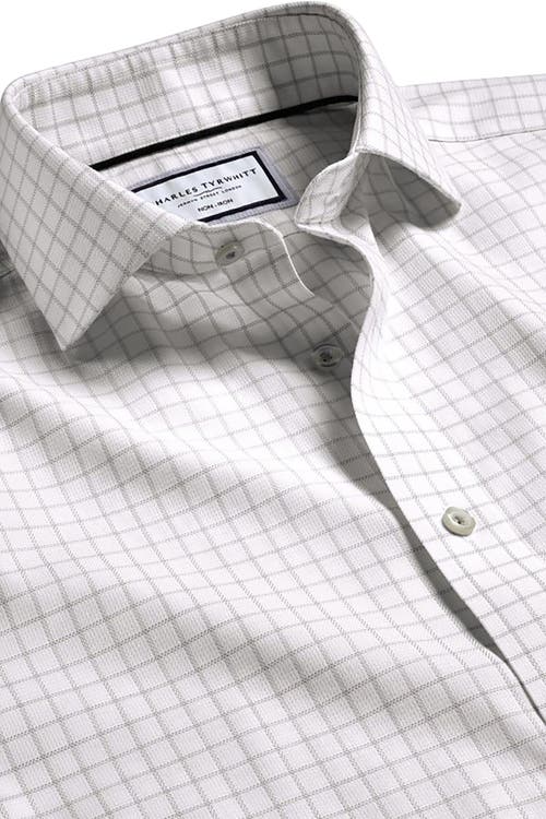 Charles Tyrwhitt Men's Non-iron Clifton Weave Check Cutaway Slim Fit Shirt Double Cuff In Silver Grey