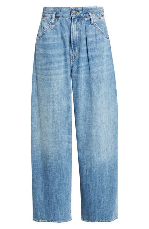 Pleated Waistband Wide Leg Jeans (Concrete Blue)