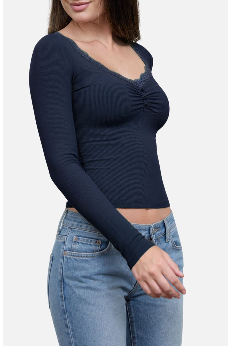 Lace Trim Knit Henley Top, Alternate, color, NAVY