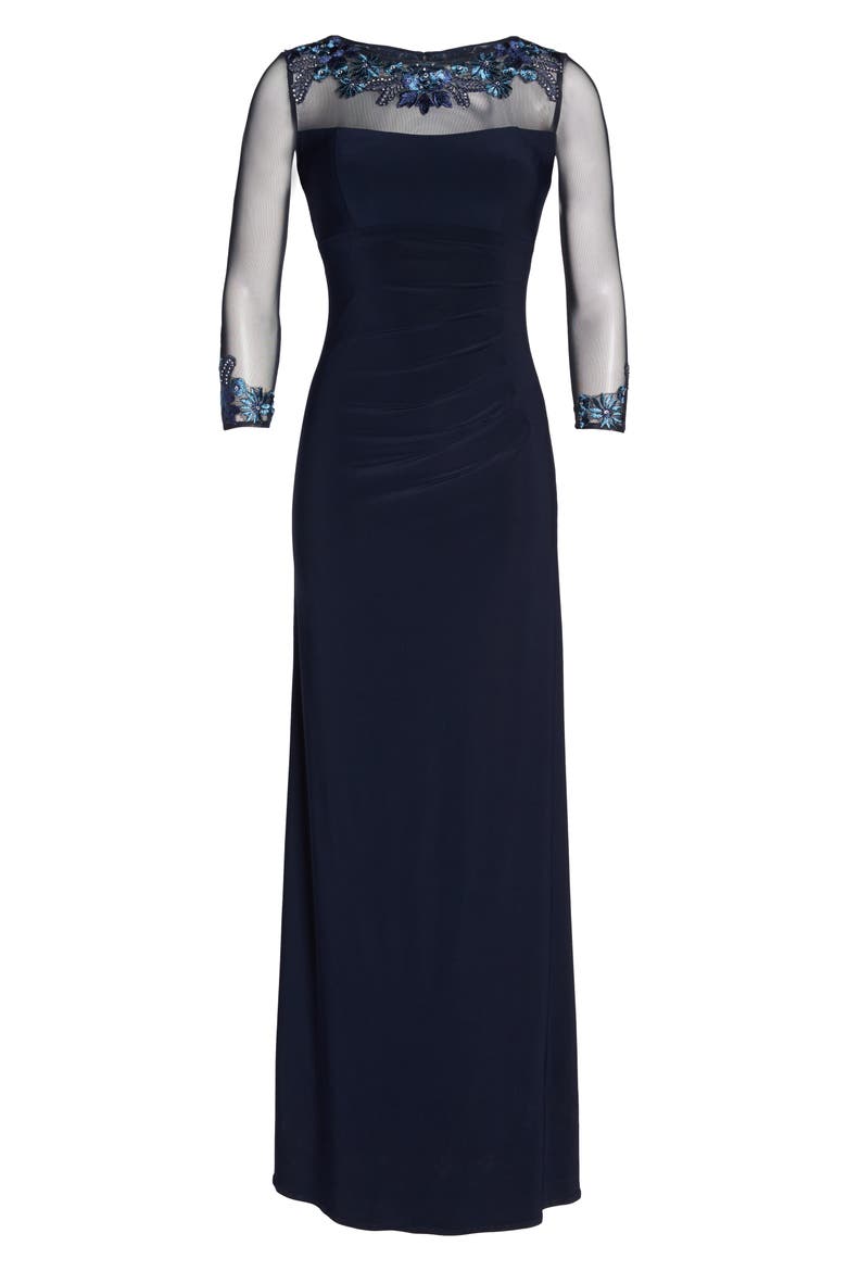 Illusion Yoke Lace Fit & Flare Dress, Alternate, color, NAVY