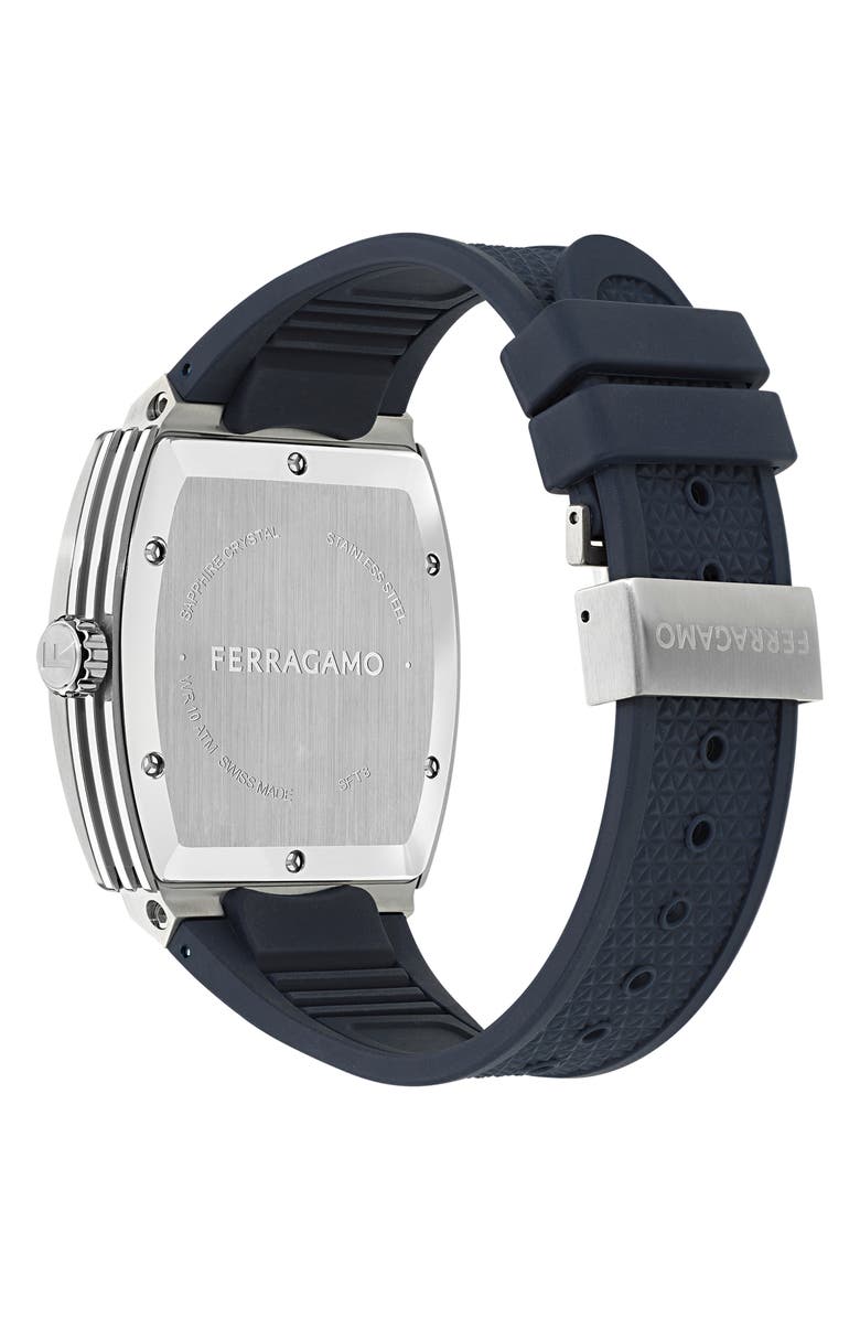 FERRAGAMO F-80 Tonneau Silicone Strap Watch, 42mm, Alternate, color, Stainless Steel/Blue
