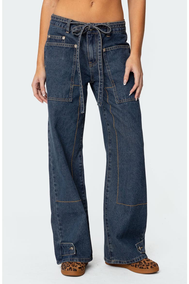 Funky Stitch Belted Low Rise Wide Leg Jeans, Main, color, DARK-BLUE-WASHED