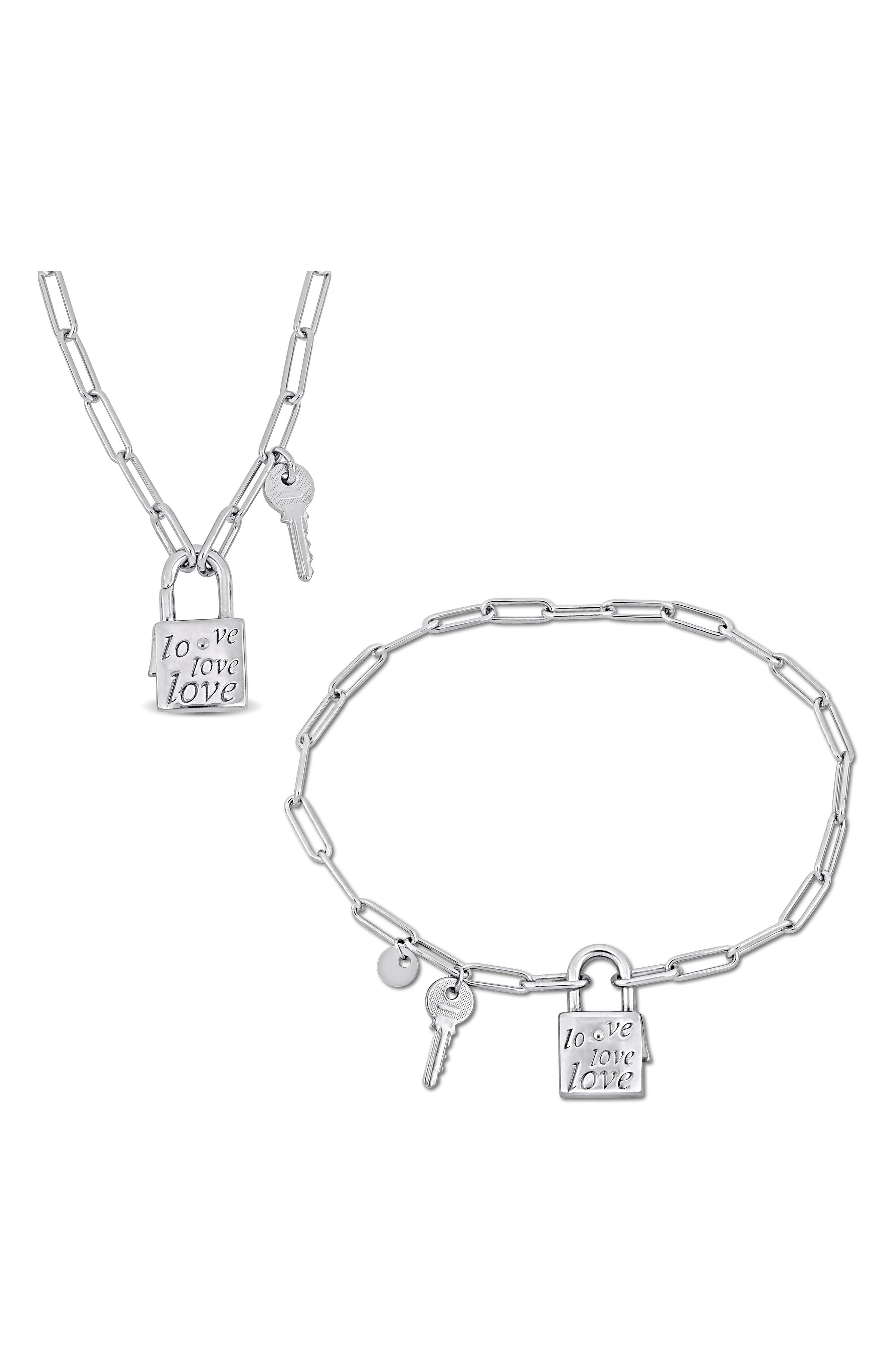 DELMAR Lock & Key Charm Paperclip Chain Necklace & Bracelet Set