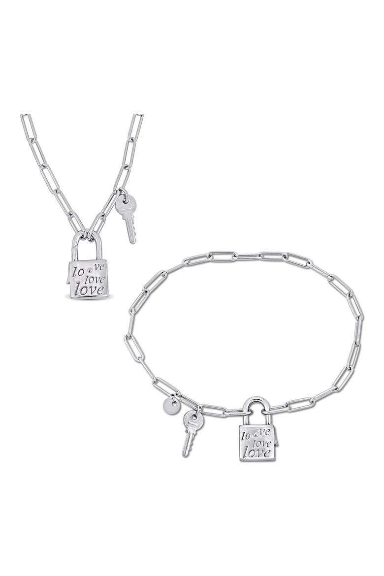Lock & Key Charm Paperclip Chain Necklace & Bracelet Set, Main, color, SILVER