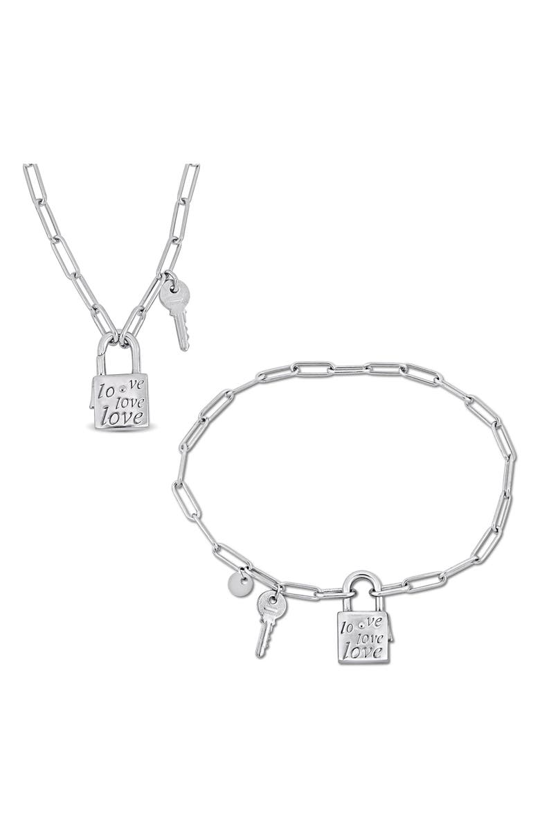 DELMAR Lock & Key Charm Paperclip Chain Necklace & Bracelet Set, Main, color, 