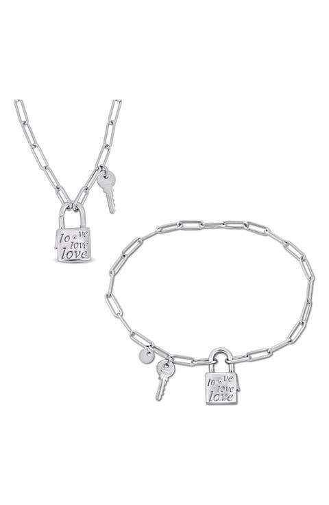 Lock & Key Charm Paperclip Chain Necklace & Bracelet Set
