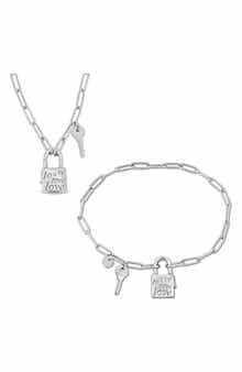 Lock & Key Charm Paperclip Chain Necklace & Bracelet Set