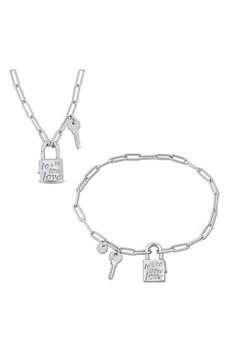DELMAR Lock & Key Charm Paperclip Chain Necklace & Bracelet Set