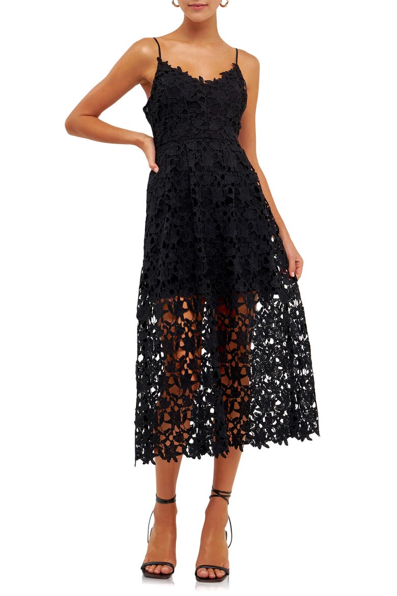 Lace Spaghetti Strap Midi Dress, Main, color, BLACK