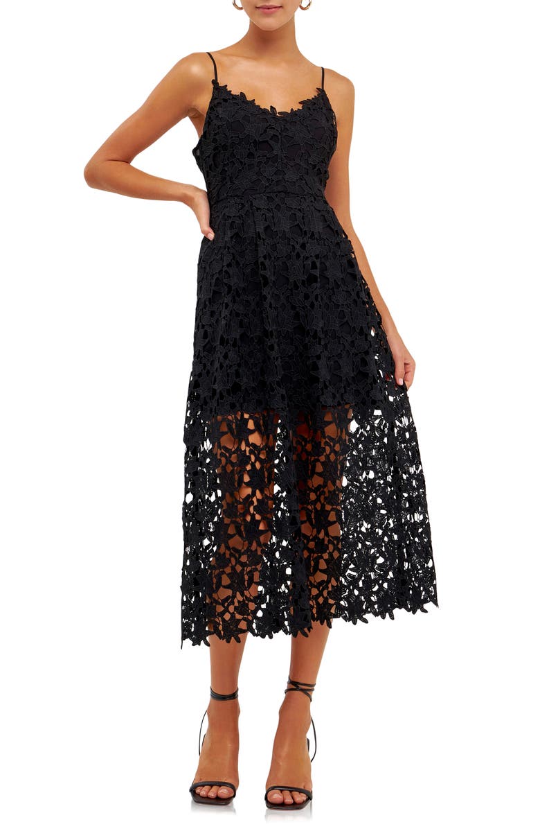 Endless Rose Lace Spaghetti Strap Midi Dress, Main, color, Black