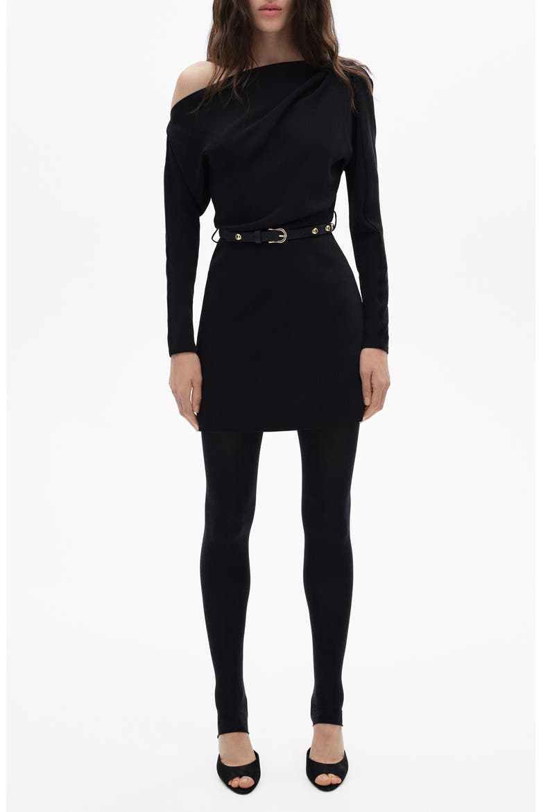 Belted Long Sleeve One-Shoulder Minidress, Main, color, BLACK