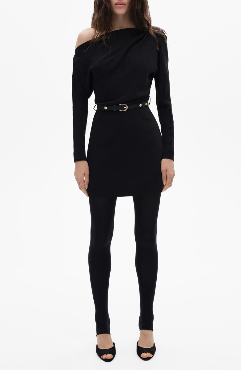 MANGO Belted Long Sleeve One-Shoulder Minidress, Main, color,