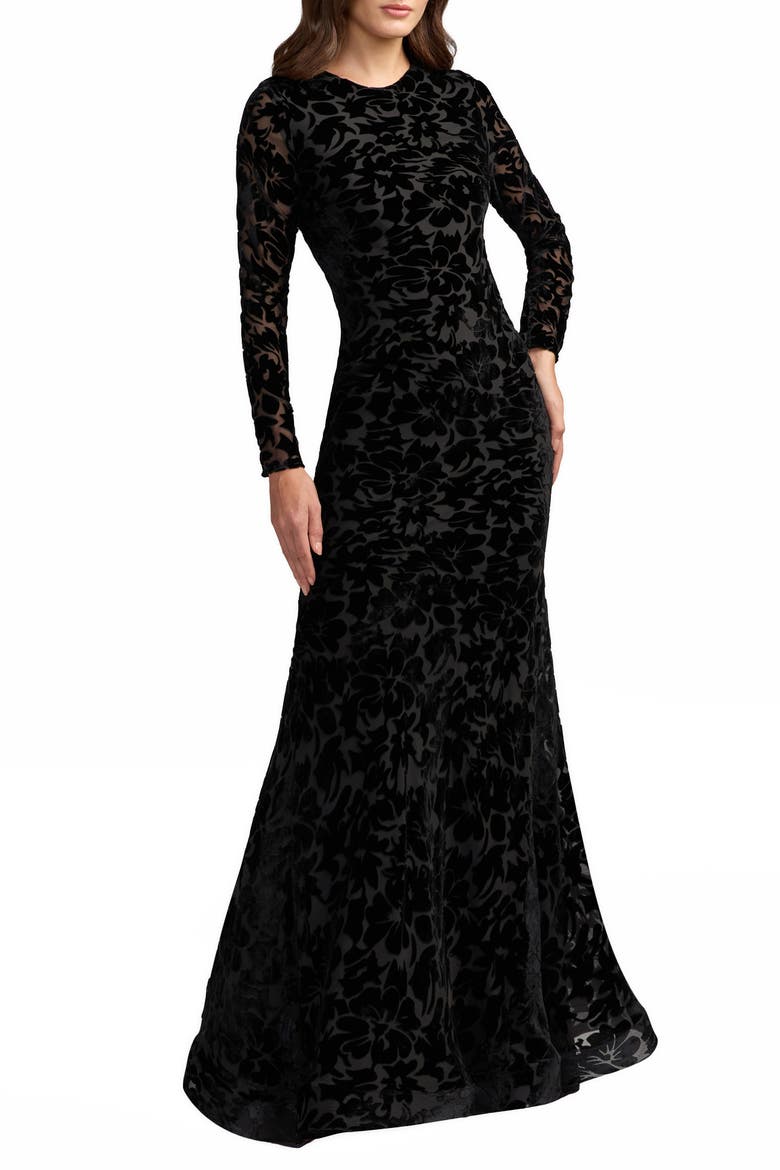 Floral Velvet Burnout Long Sleeve Gown, Main, color, Black