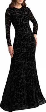 Mac Duggal Floral Velvet Burnout Long Sleeve Gown