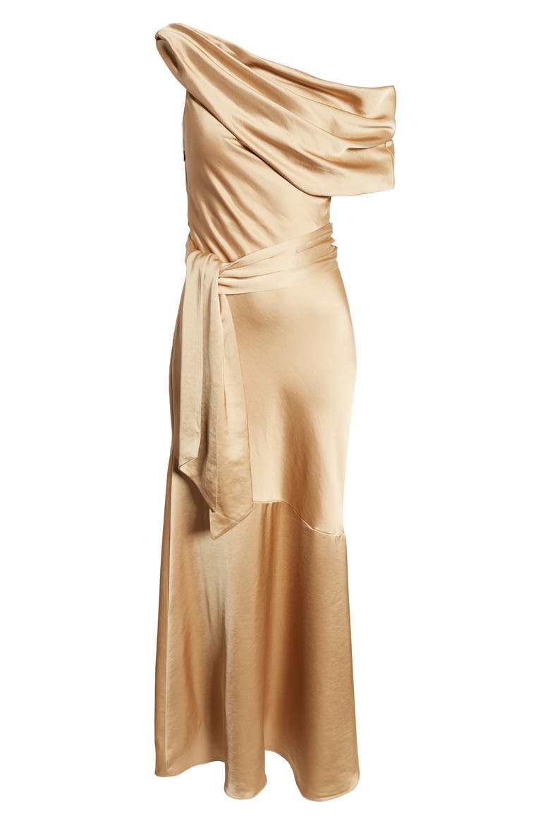 Erika One-Shoulder Satin A-Line Dress, Alternate, color, TAN